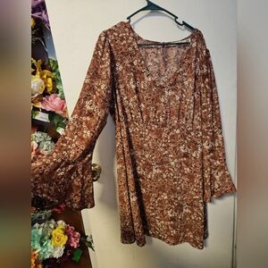 Brown Floral Bell Sleeve Dress Plus Size